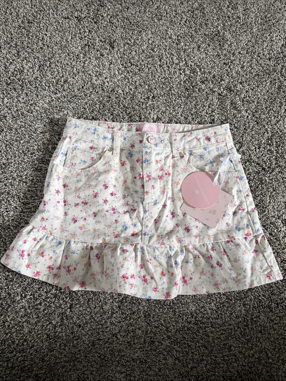 LoveShackFancy White Mini Skirt with Pink & Blue Floral Print